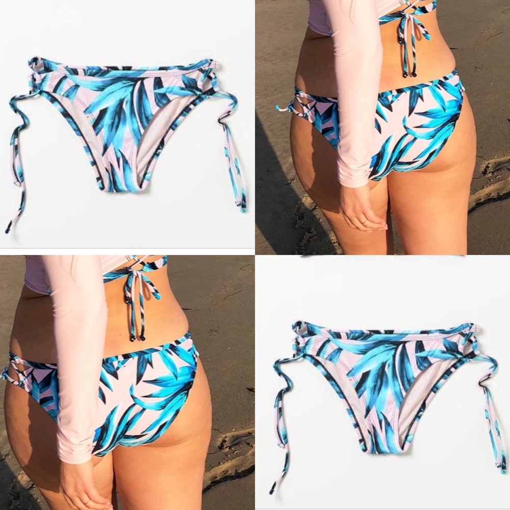 JoyLab Pink & Teal Tropical Leaf Tie-Side Bikini Bottoms Size XL NWT